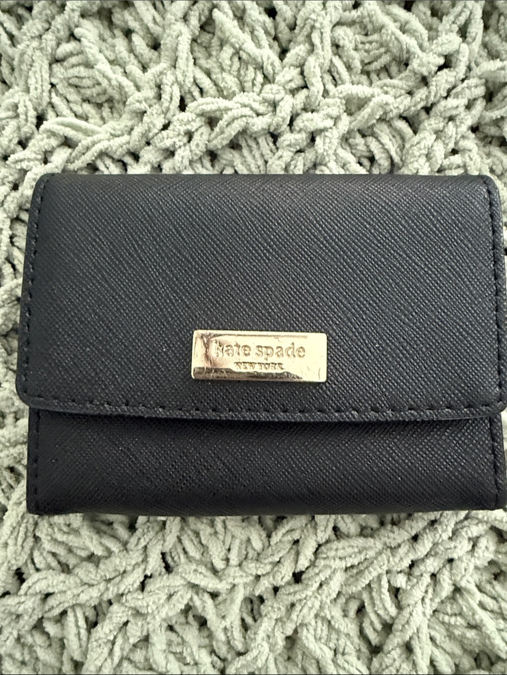 Kate Spade Black Saffiano business card holder with Gold Logo Plaque